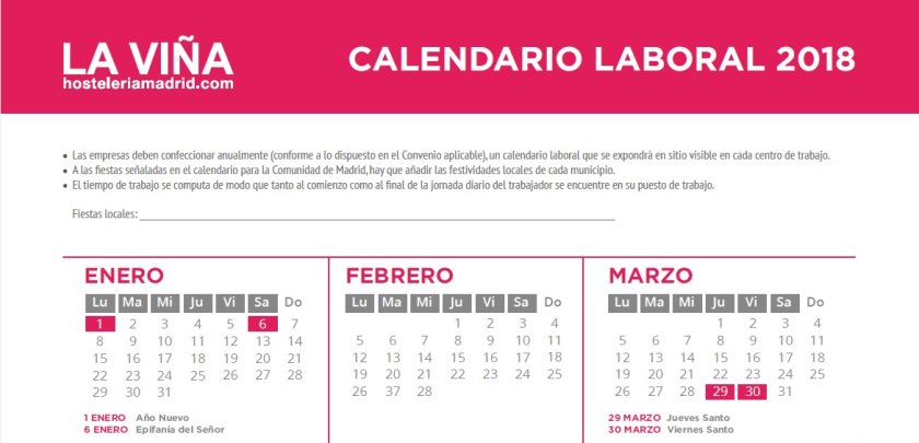 Calendario laboral 2018 - Hostelería Madrid