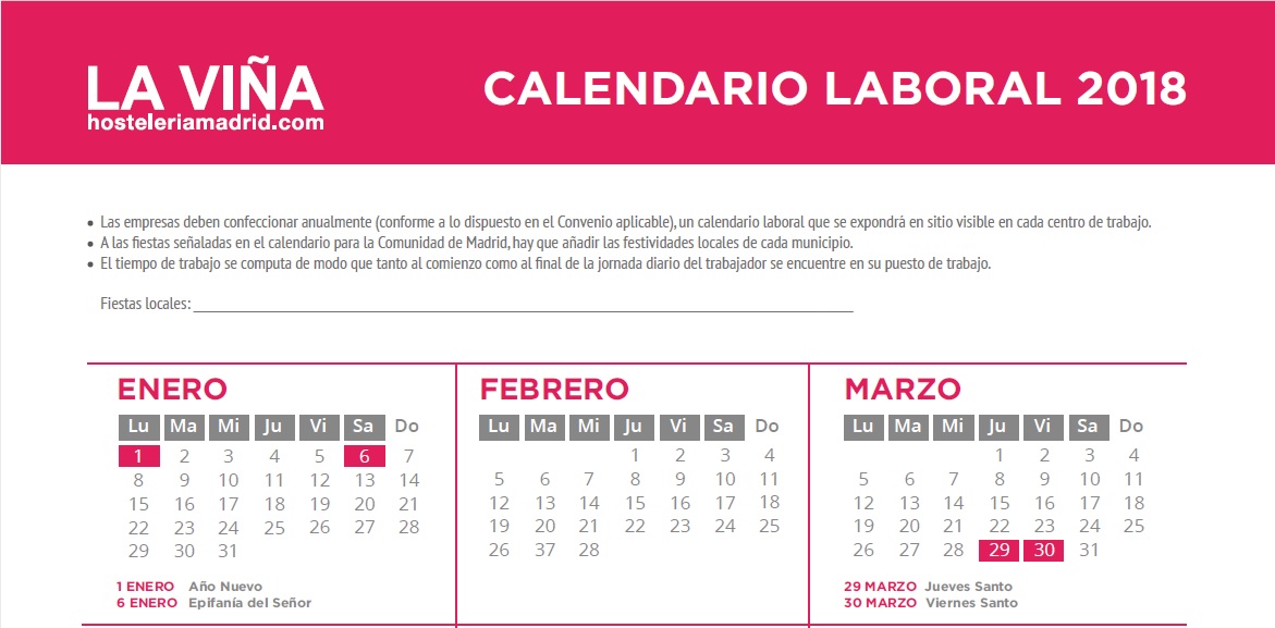 Calendario laboral 2018 - La Viña