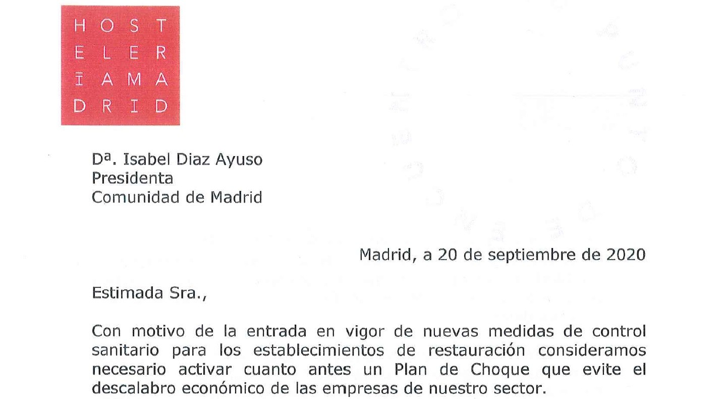 Hosteleria Madrid Remite Una Carta A La Presidenta De La Comunidad De Madrid Para Solicitar Las Ayudas Compensatorias Hosteleria Madrid